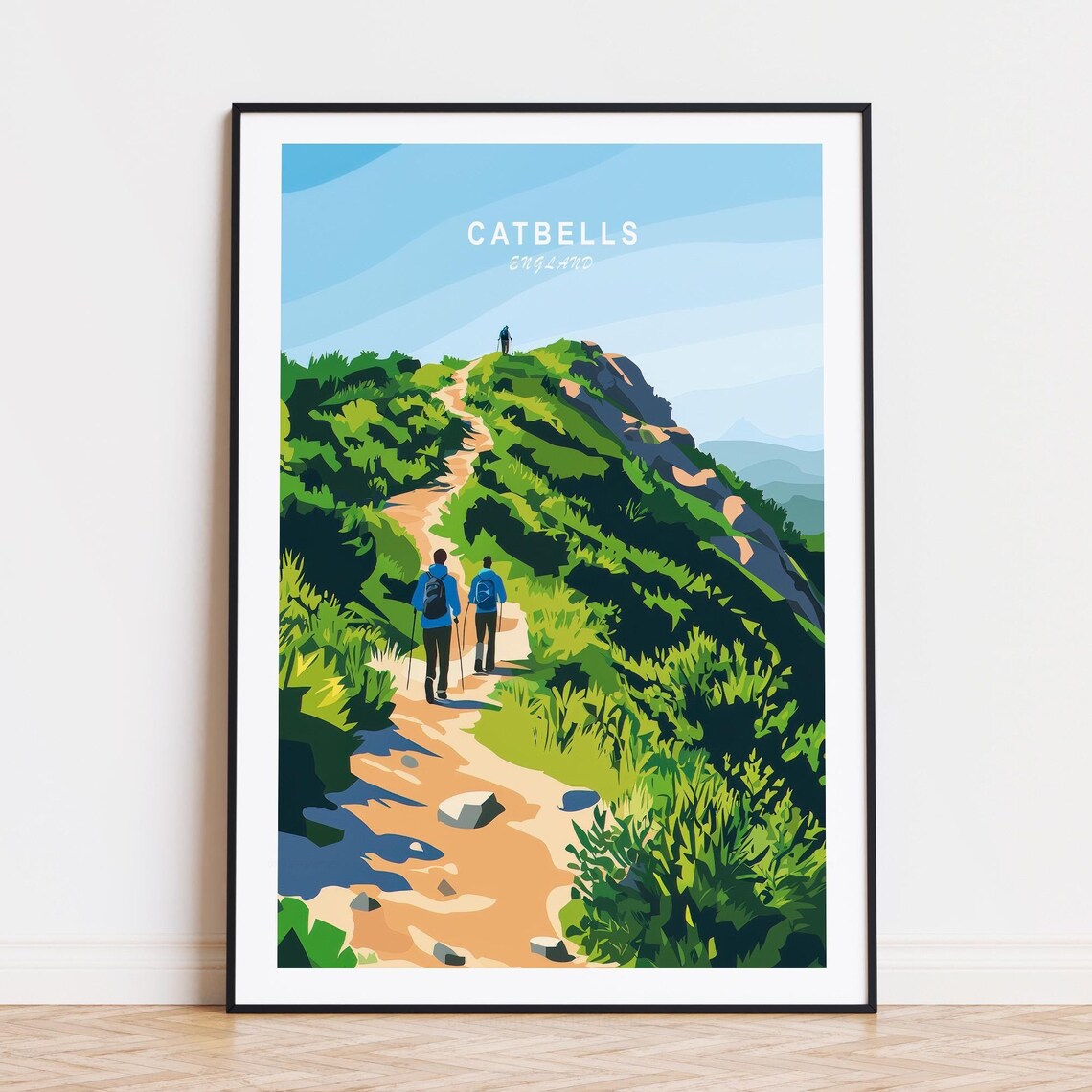 Catbells Fell Trail Hikers Lake District Vintage Travel Poster