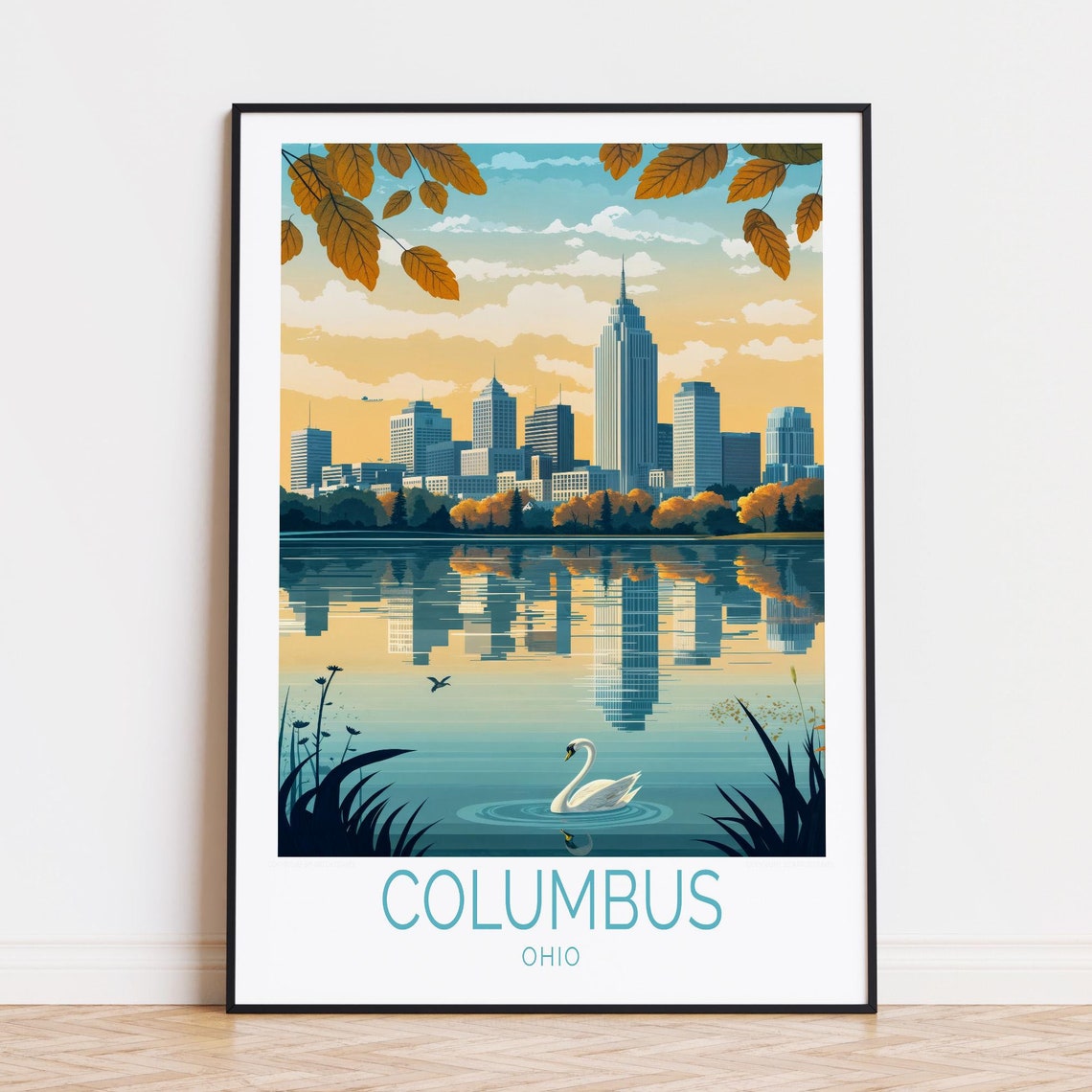 Columbus Ohio Skyline Autumn Lake Swan Reflection Travel Poster