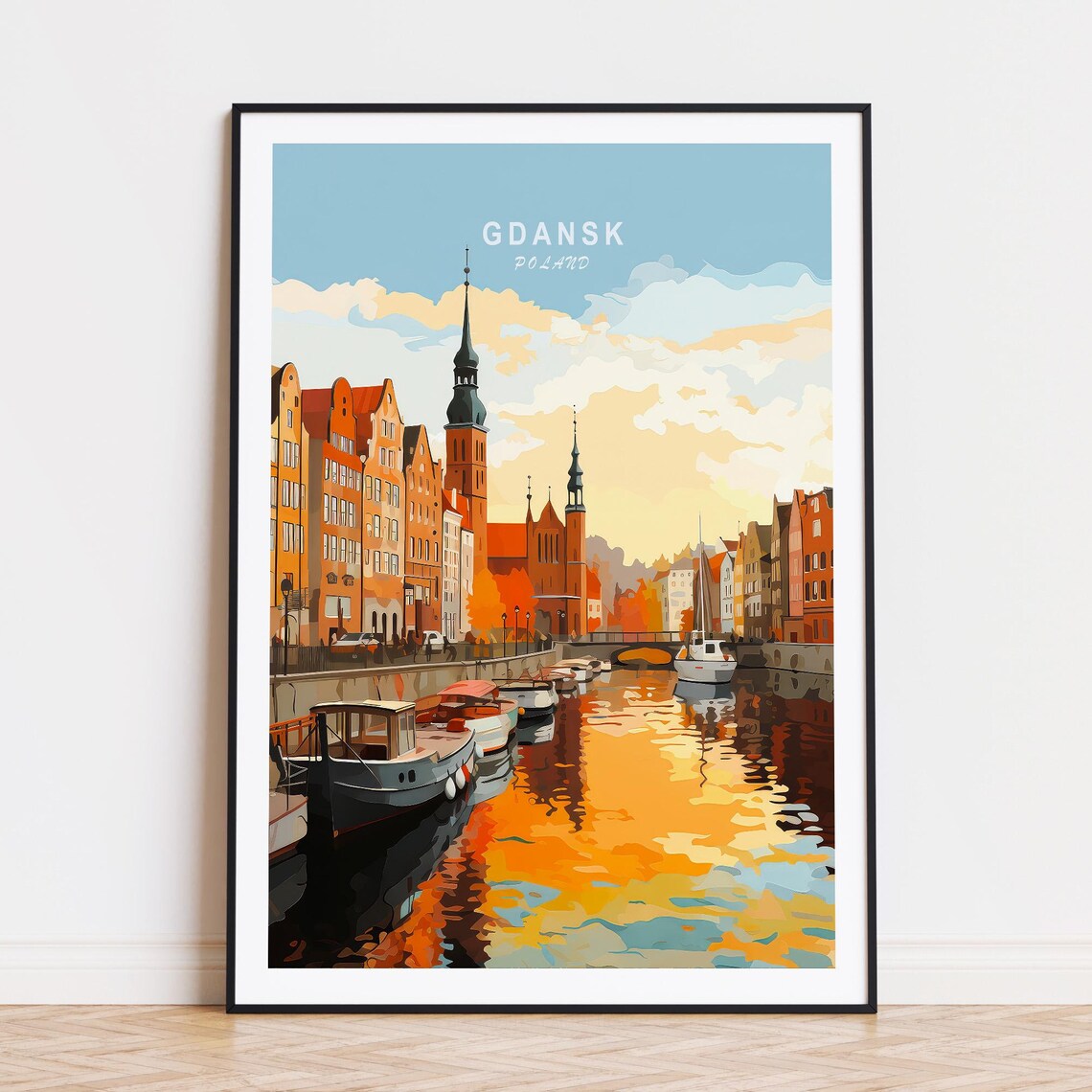 Gdansk Poland Historic Waterfront Harbor Boats Sunset Glow Poster