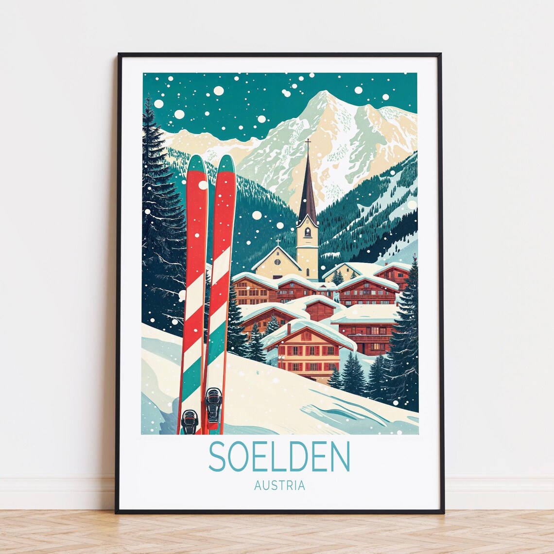 Soelden Austria Ski Travel Poster With Vintage Skis Village Art