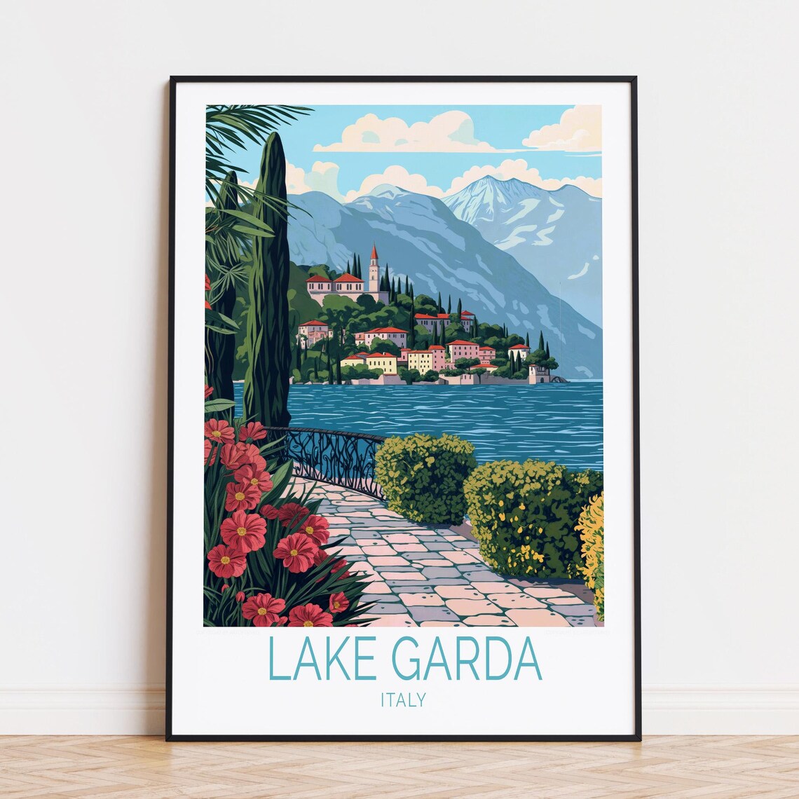 Lake Garda Italy Lakeside Town Terrace Flowers Mountain View Poster