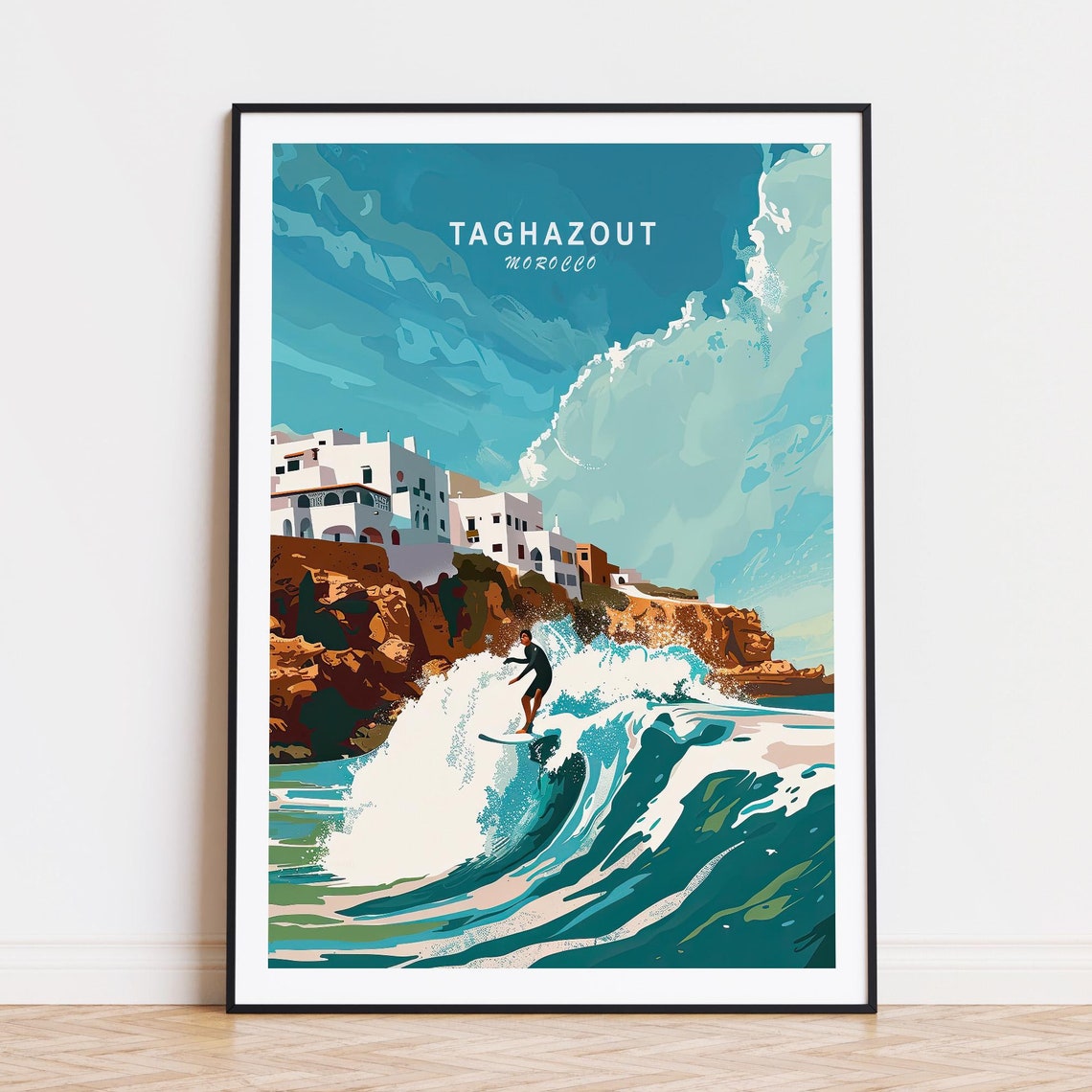 Taghazout Morocco Surfer Riding Big Wave Cliffs Village Travel Poster