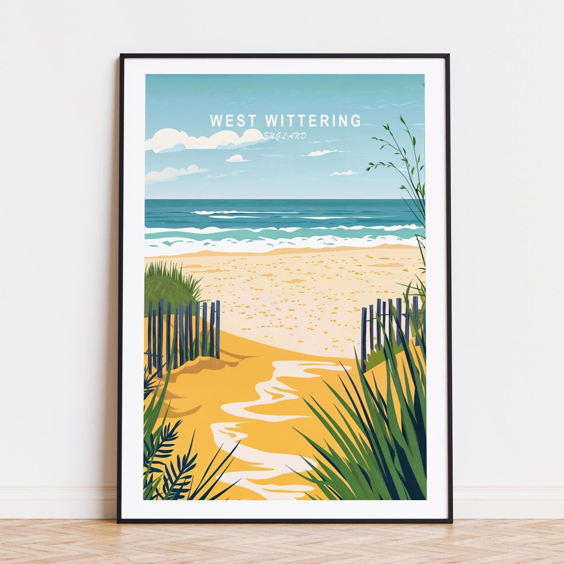 West Wittering England Beach Waves Dune Fence Retro Travel Poster