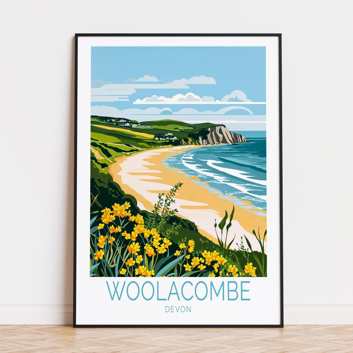 Woolacombe Devon Sandy Bay Cliffs Wildflowers Vintage Travel Poster