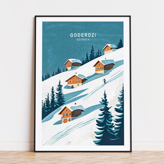 Goderdzi Georgia Mountain Chalets Lone Skier Snowy Slopes Poster