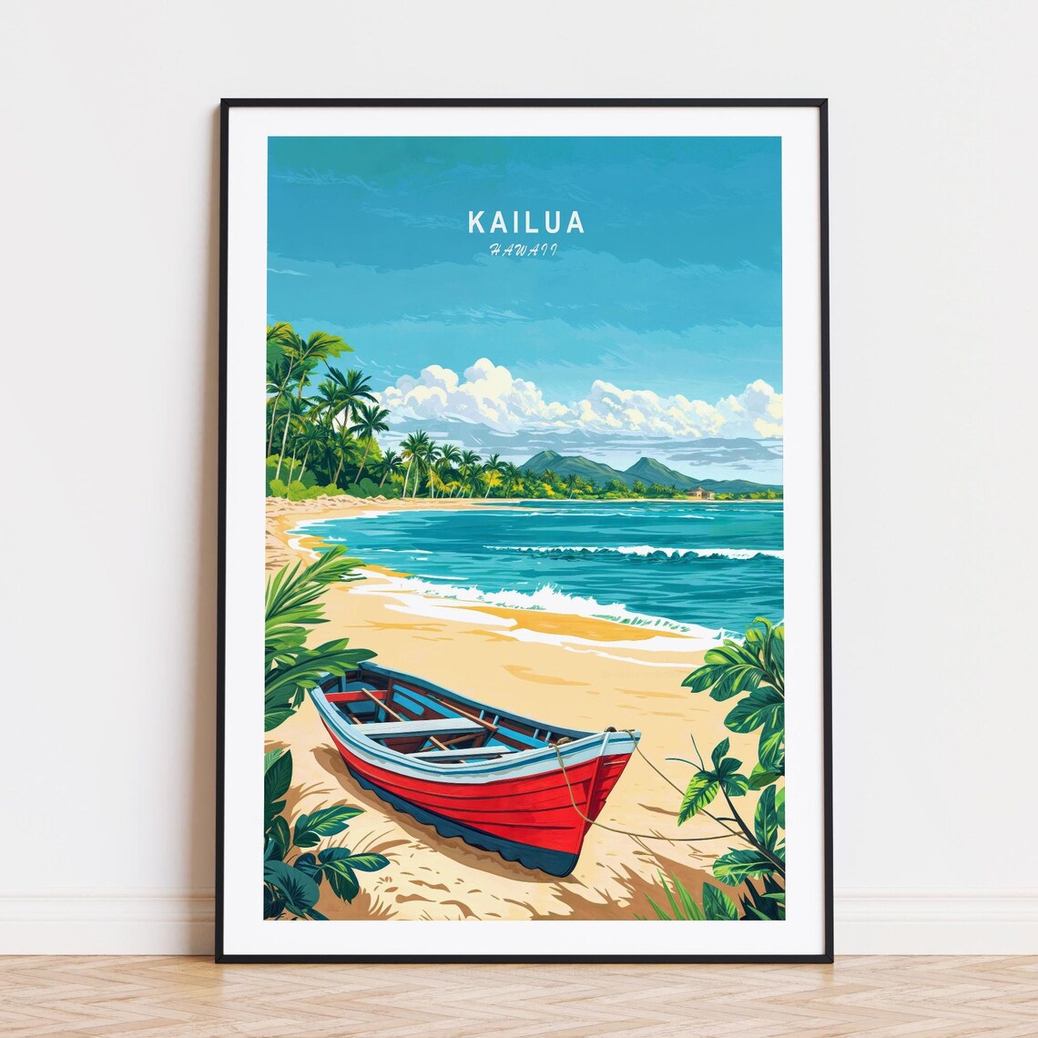 Kailua Hawaii Tropical Beach Red Boat Palms Turquoise Water Poster