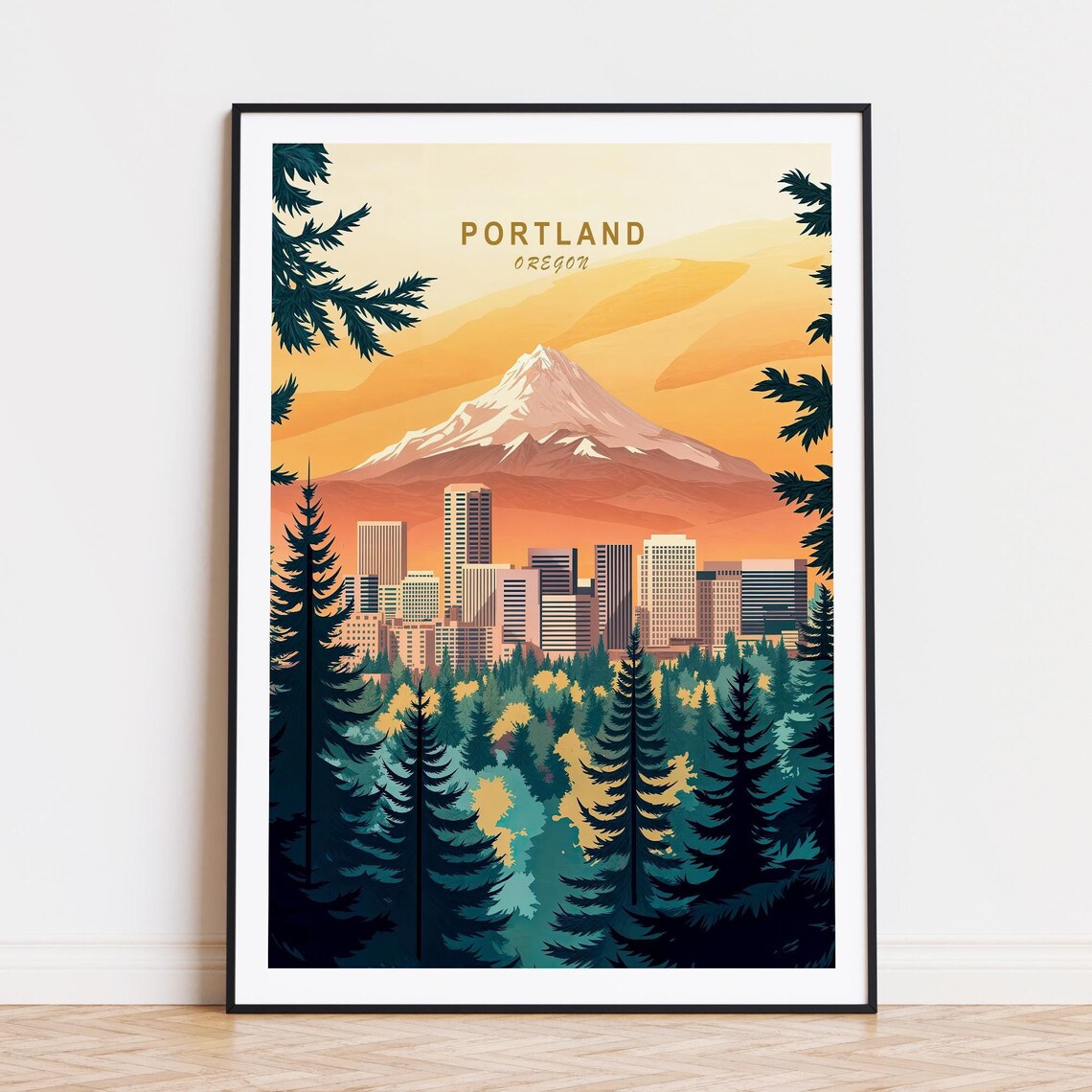 Portland Oregon Mount Hood Golden Sky Towering Tall Pines Poster