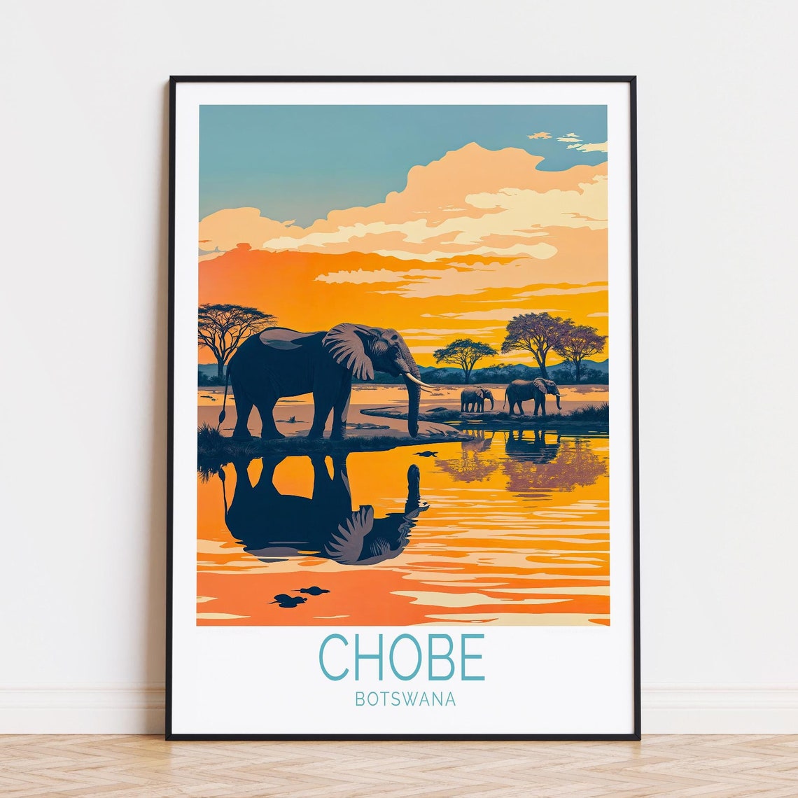 Chobe Botswana Elephants Drinking at Sunset Waterhole Travel Poster