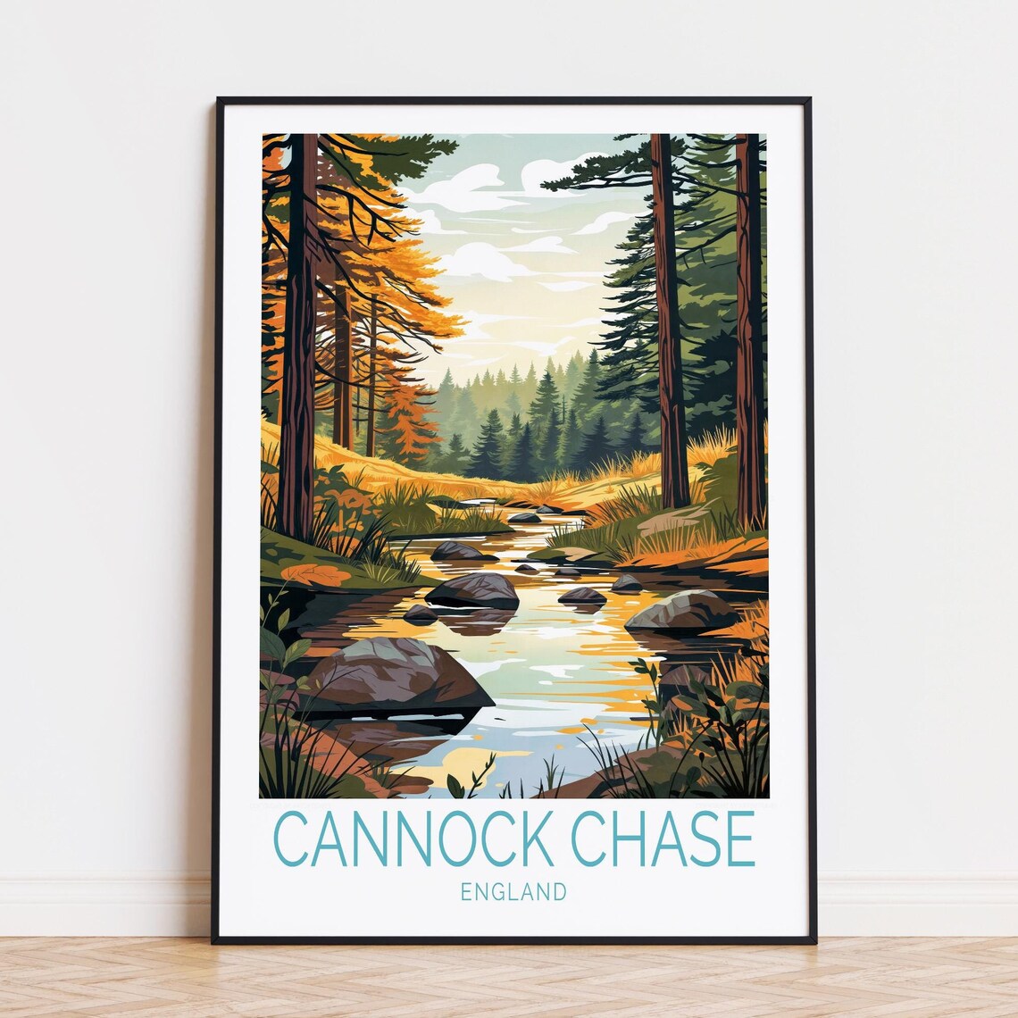 Cannock Chase England Autumn Forest Stream Landscape Travel Poster