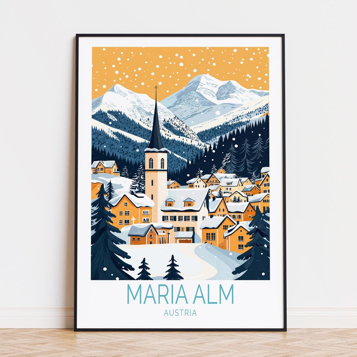 Maria Alm Austria Snowy Alpine Village Church Golden Sky Poster