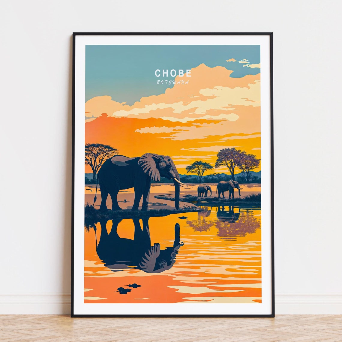 Chobe Botswana Elephants Waterhole Golden Sunset Safari Travel Poster