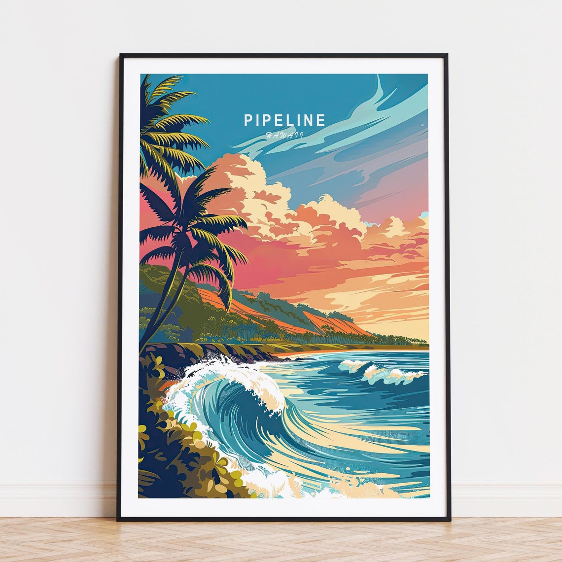 Pipeline Hawaii Surfing Big Wave Dramatic Sunset Beach Poster