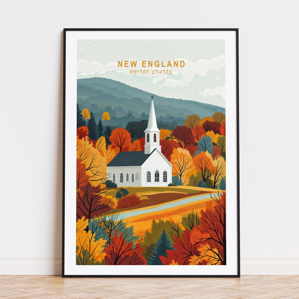 New England USA White Church Autumn Foliage Fall Colors Travel Poster