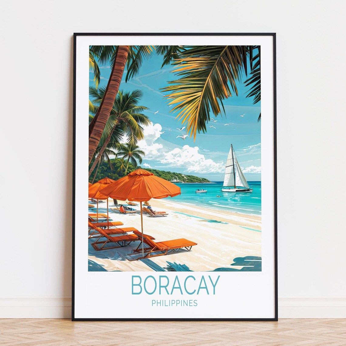 Boracay Philippines Beach Umbrellas Sailboat Palm Trees Poster