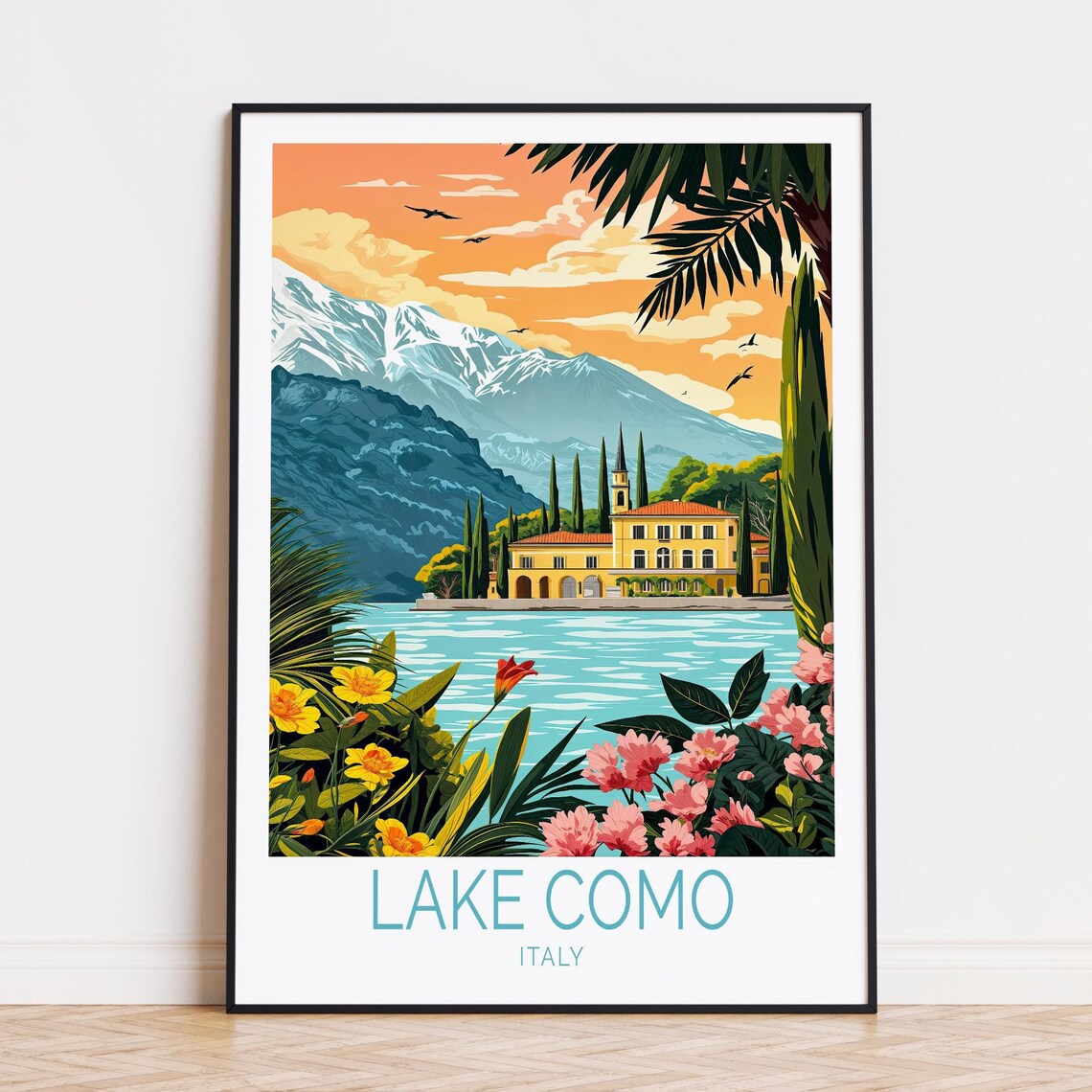 Lake Como Italy Villa on the Lake with Snowy Mountain Poster