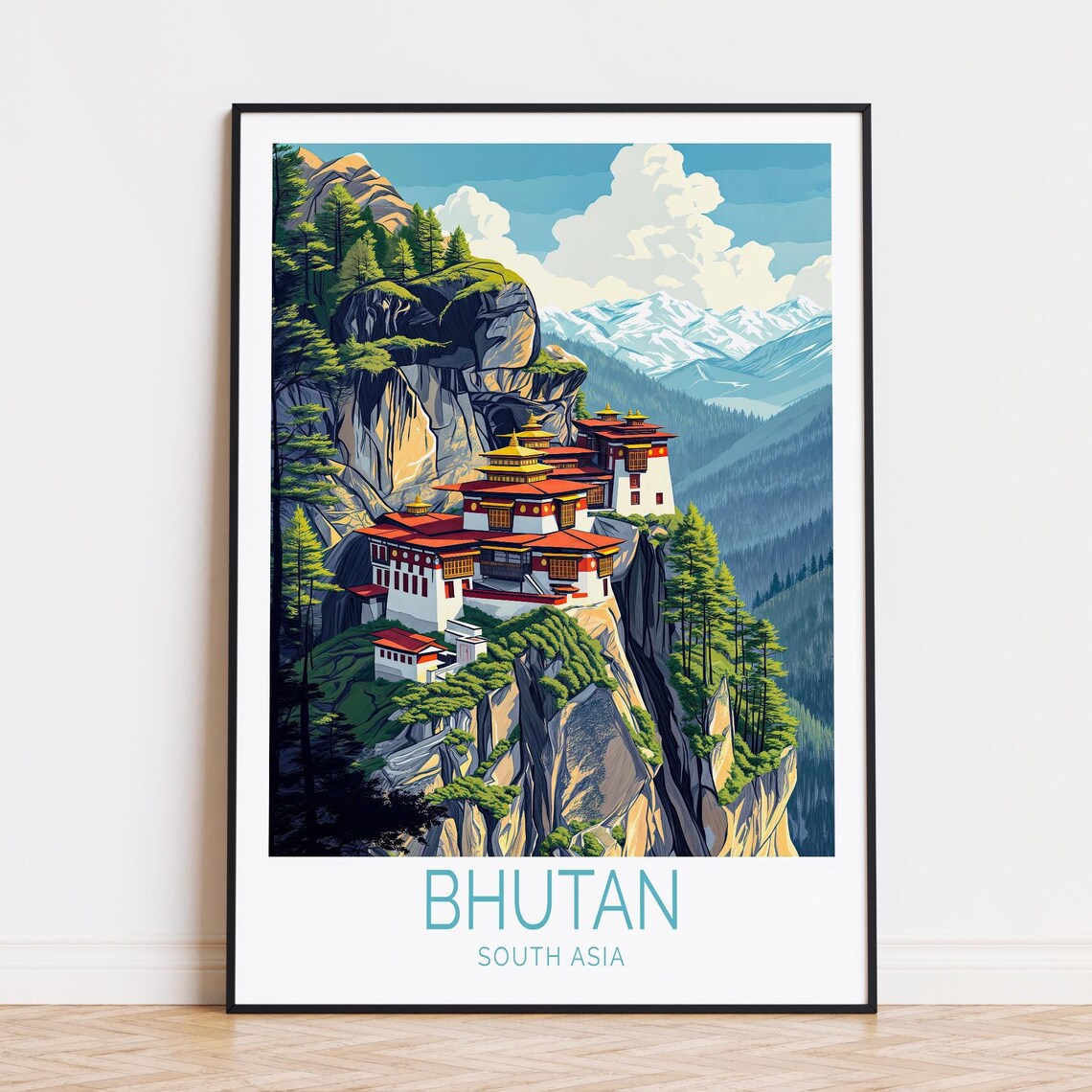Bhutan Tigers Nest Monastery Cliff Himalayas Vintage Travel Poster