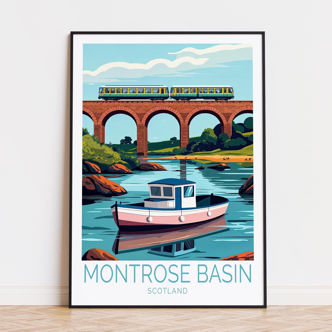Montrose Basin Scotland Train on Viaduct and Boat on the Water Poster