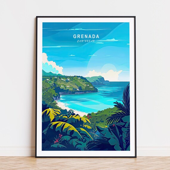 Grenada Caribbean Tropical Bay Lush Hills Island Paradise Travel Poster