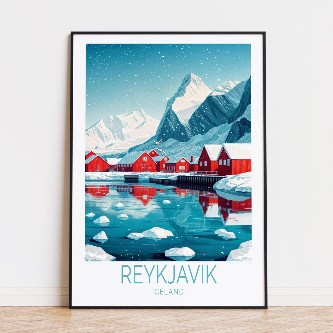 Reykjavik Iceland Winter Red Cabins Snowy Peaks Arctic Harbor Poster