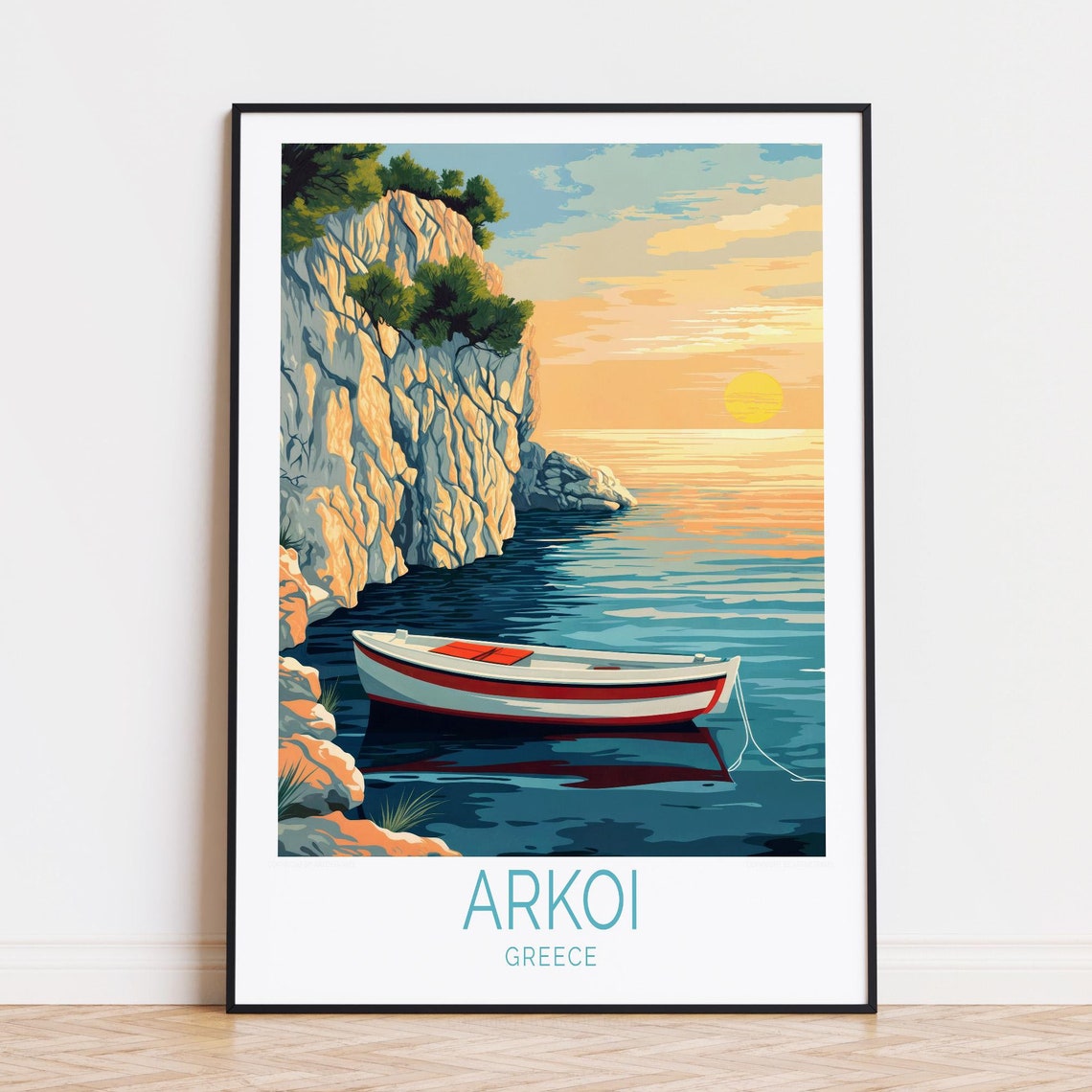 Arkoi Greece White Boat White Cliffs Sunrise Seascape Poster