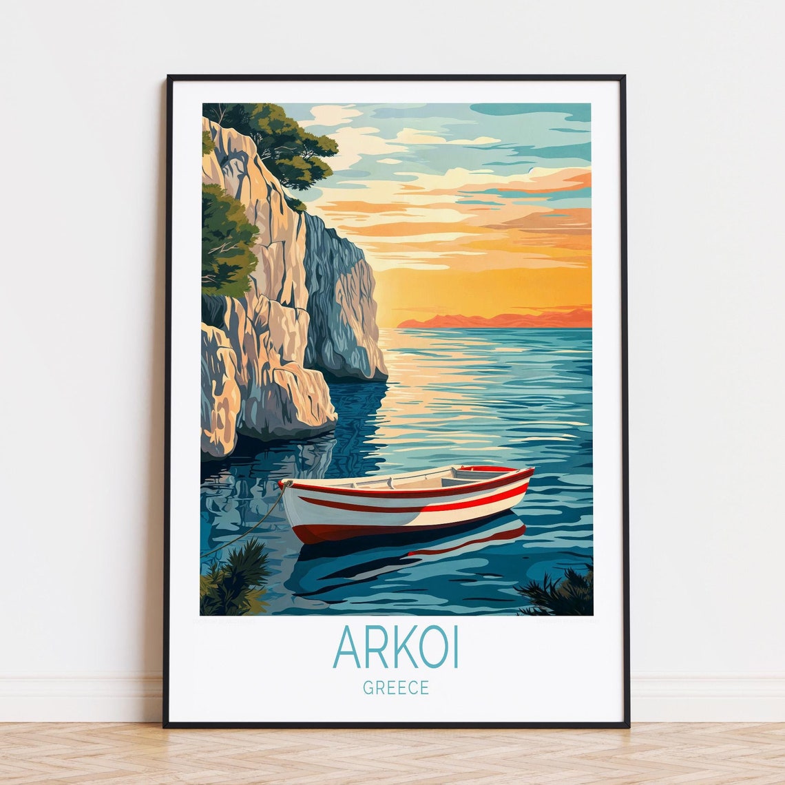 Arkoi Greece Rowboat Cliffs Orange Sunset Seascape Travel Poster