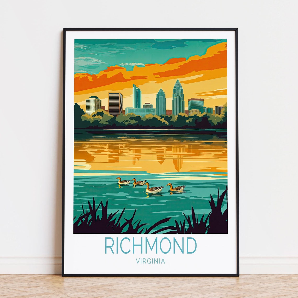 Richmond Virginia Sunset Lake with Ducks Downtown Skyline Poster