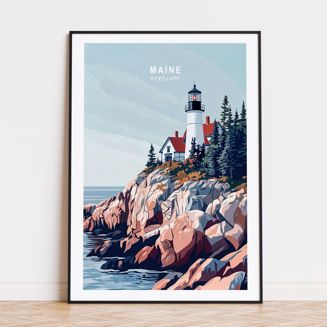 Maine Portland Lighthouse Ocean Cliffs Vintage Travel Poster