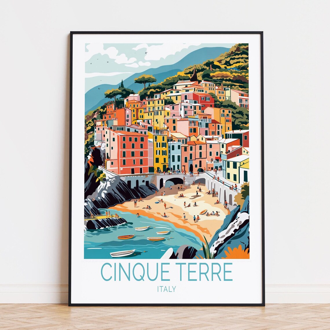 Cinque Terre Italy Colorful Village Beach Boats Liguria Travel Poster