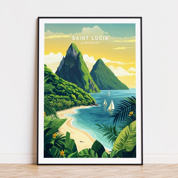 Saint Lucia Travel Poster Caribbean Wall Art Print Coast Wedding Gifts Custom