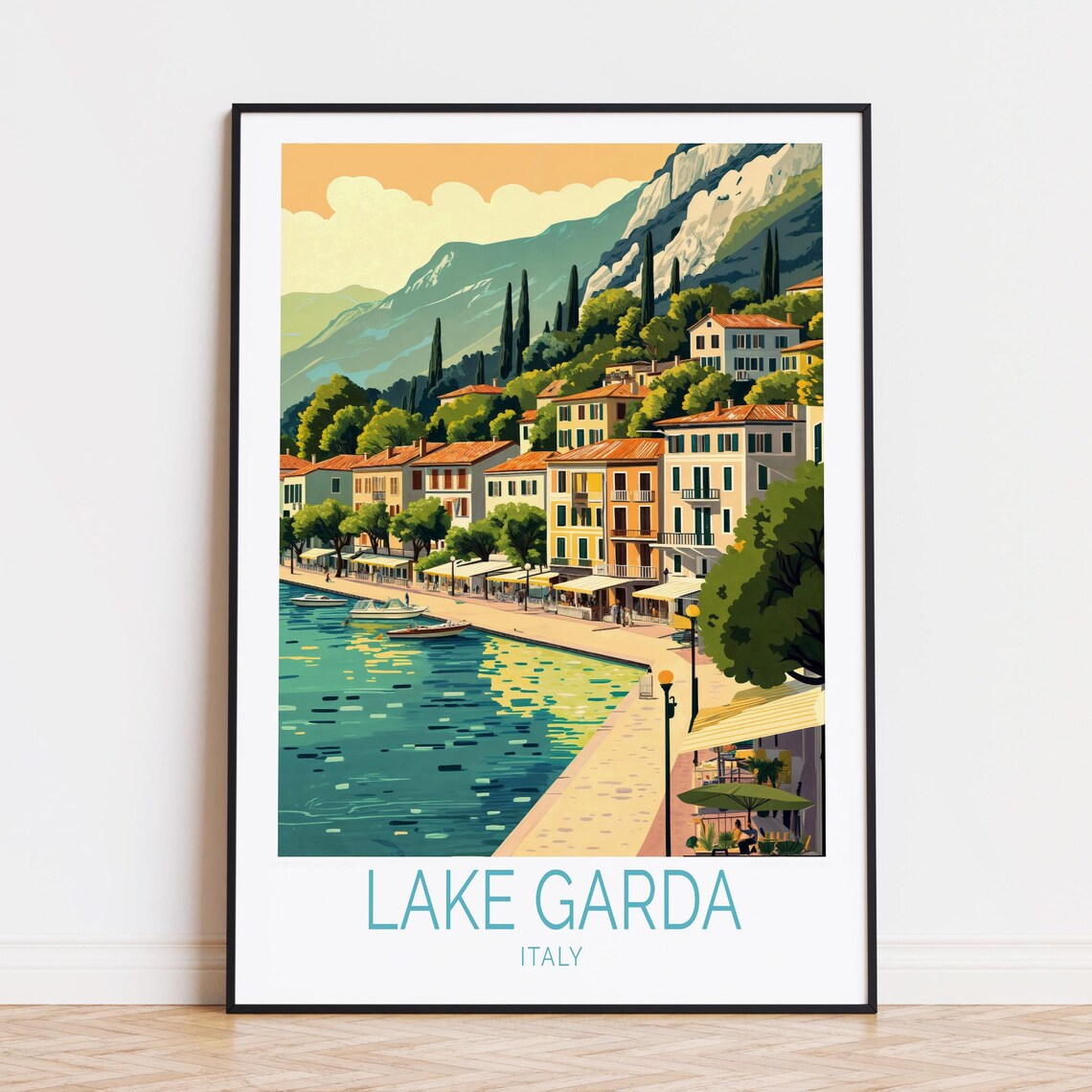 Lake Garda Italy Harbor Town Boats Mountain Backdrop Water Poster