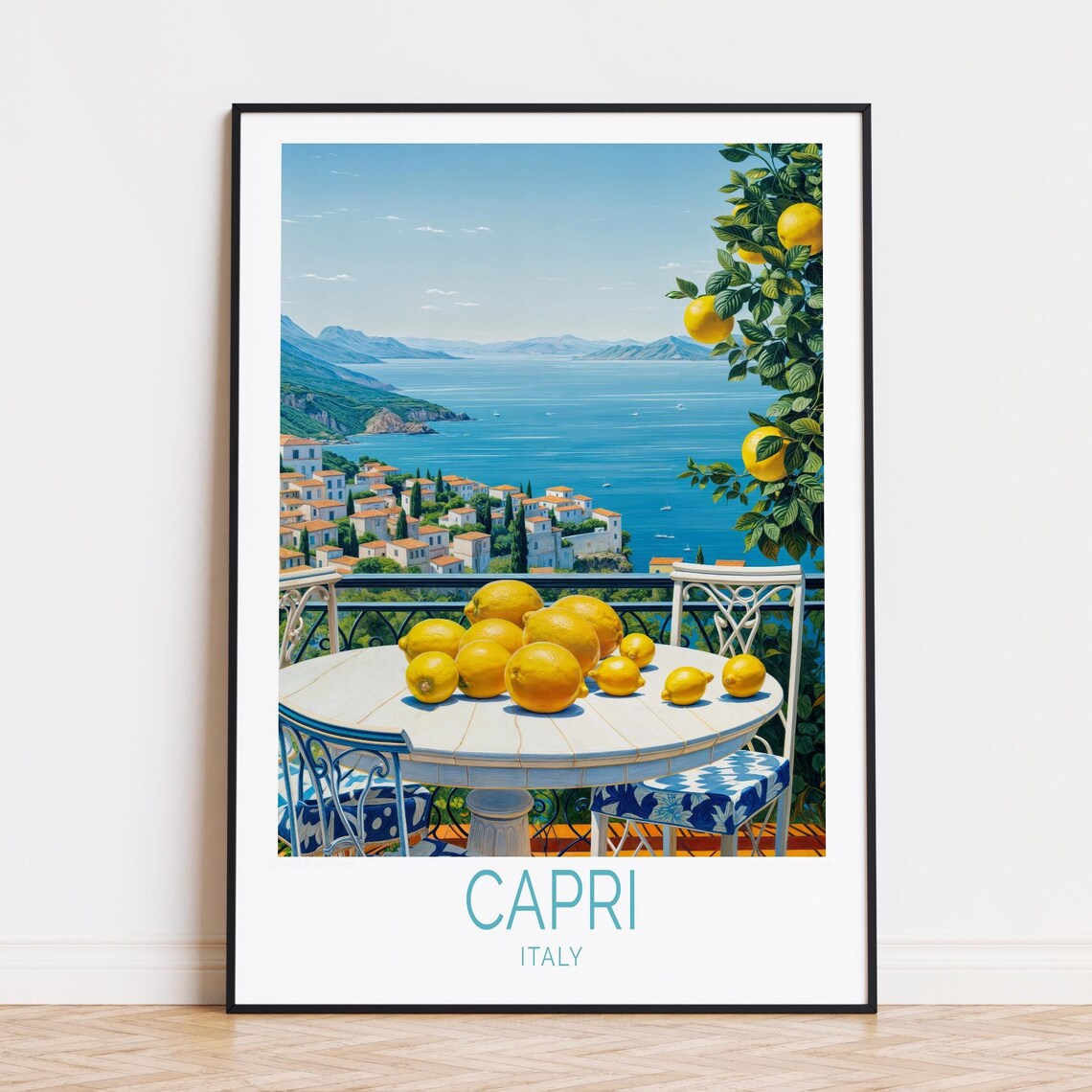 Capri Italy Lemon Terrace Sea View Coastal Village Vintage Poster