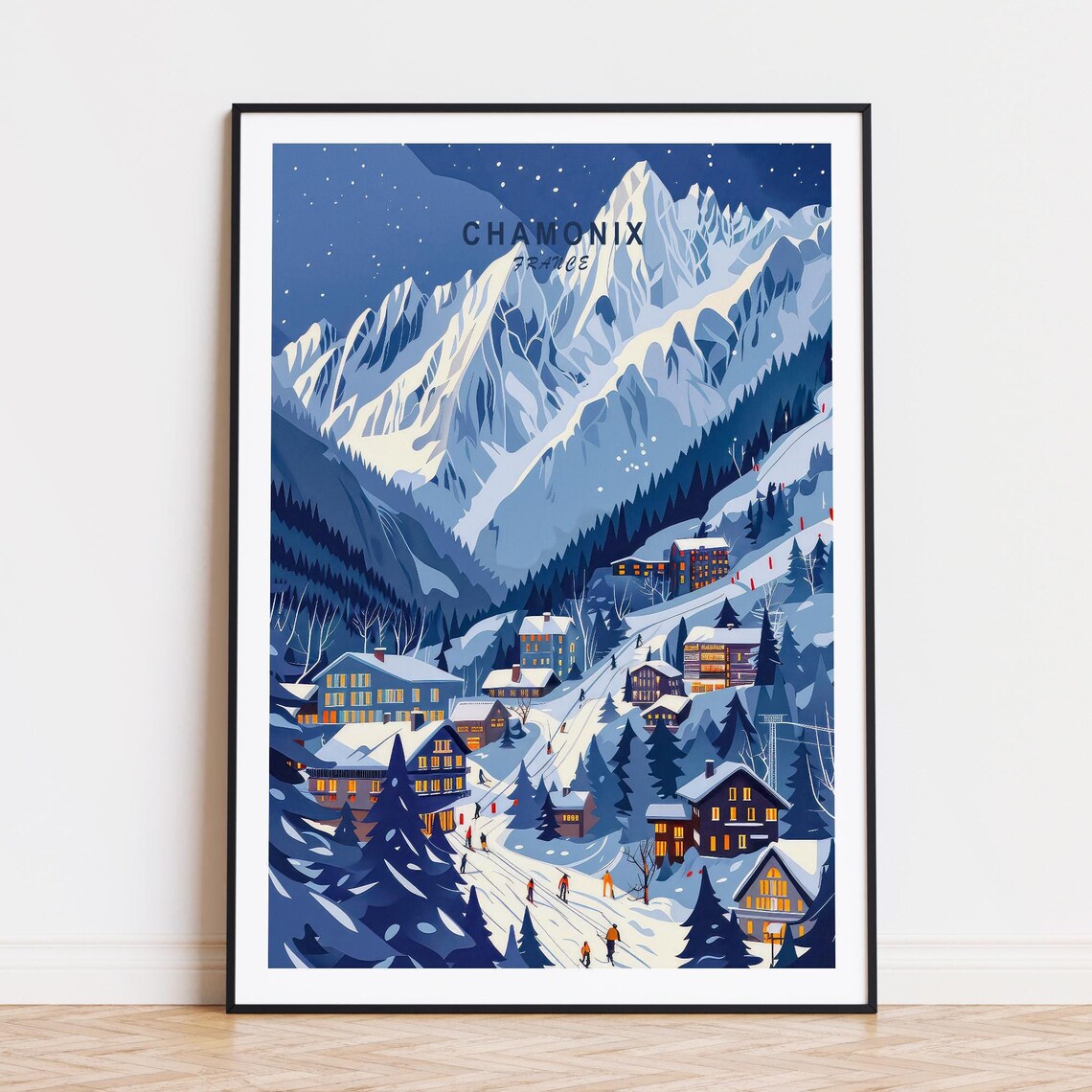 Chamonix France Night Ski Village Magical Snow Mountain Poster