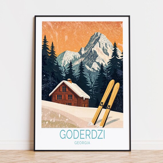 Goderdzi Georgia Log Cabin Wooden Skis Alpine Mountain Scene Poster