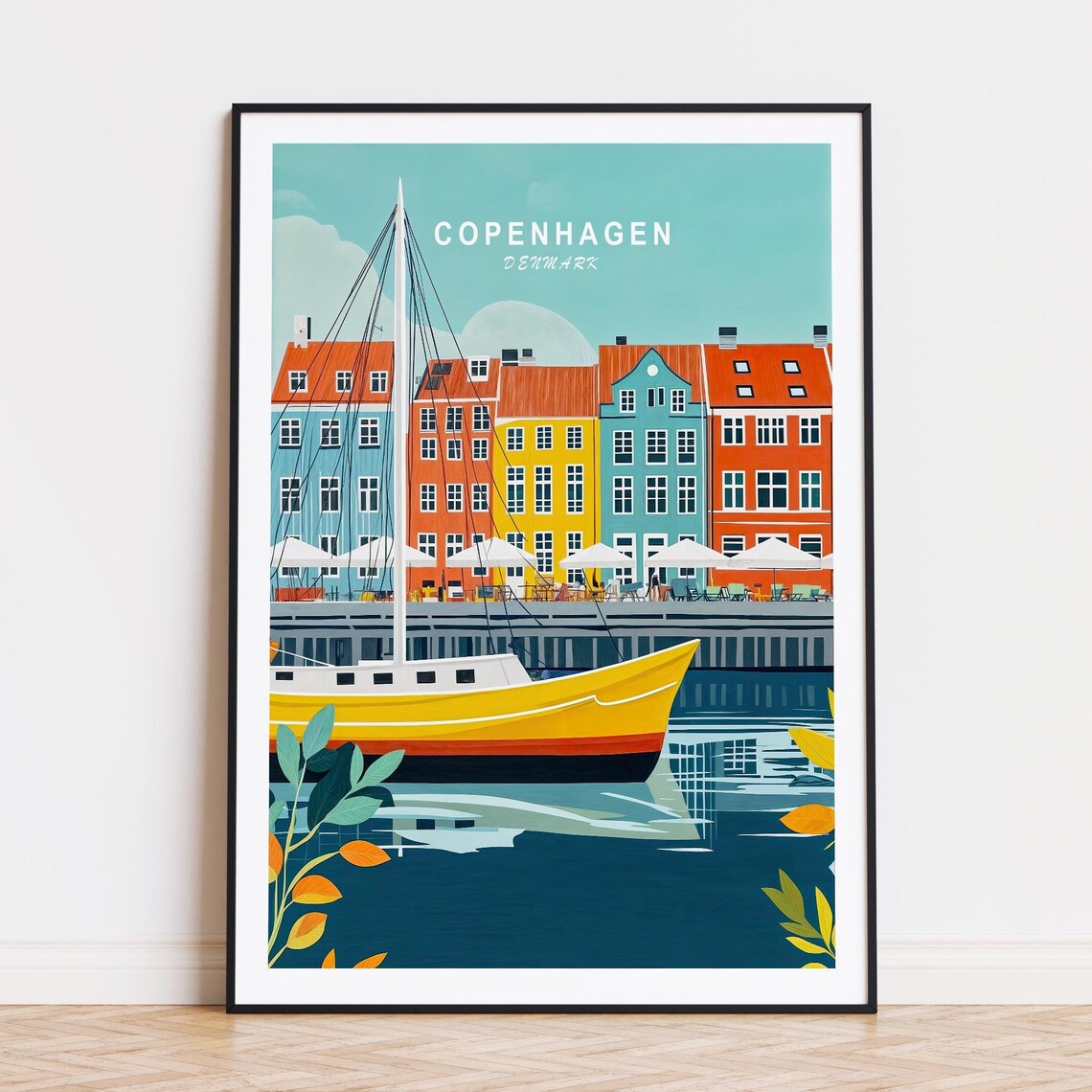 Copenhagen Denmark Sailboat Nyhavn Waterfront Retro Travel Poster