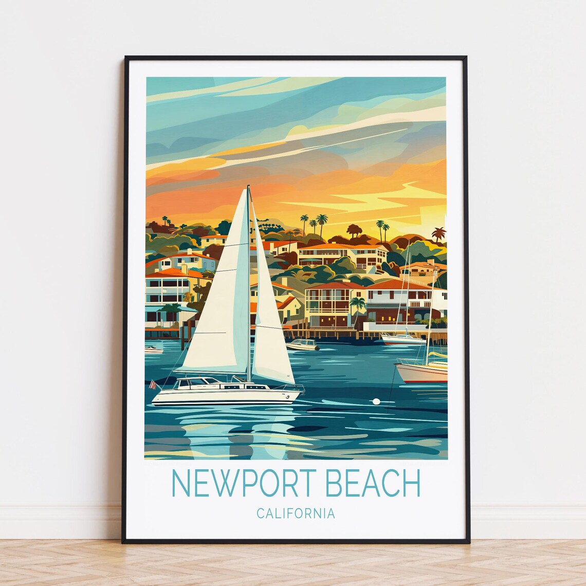 Newport Beach California Sailboats Golden Hour Harbor Scene Poster