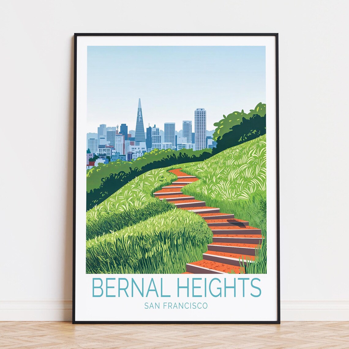 Bernal Heights San Francisco Red Staircase Trail Skyline View Poster