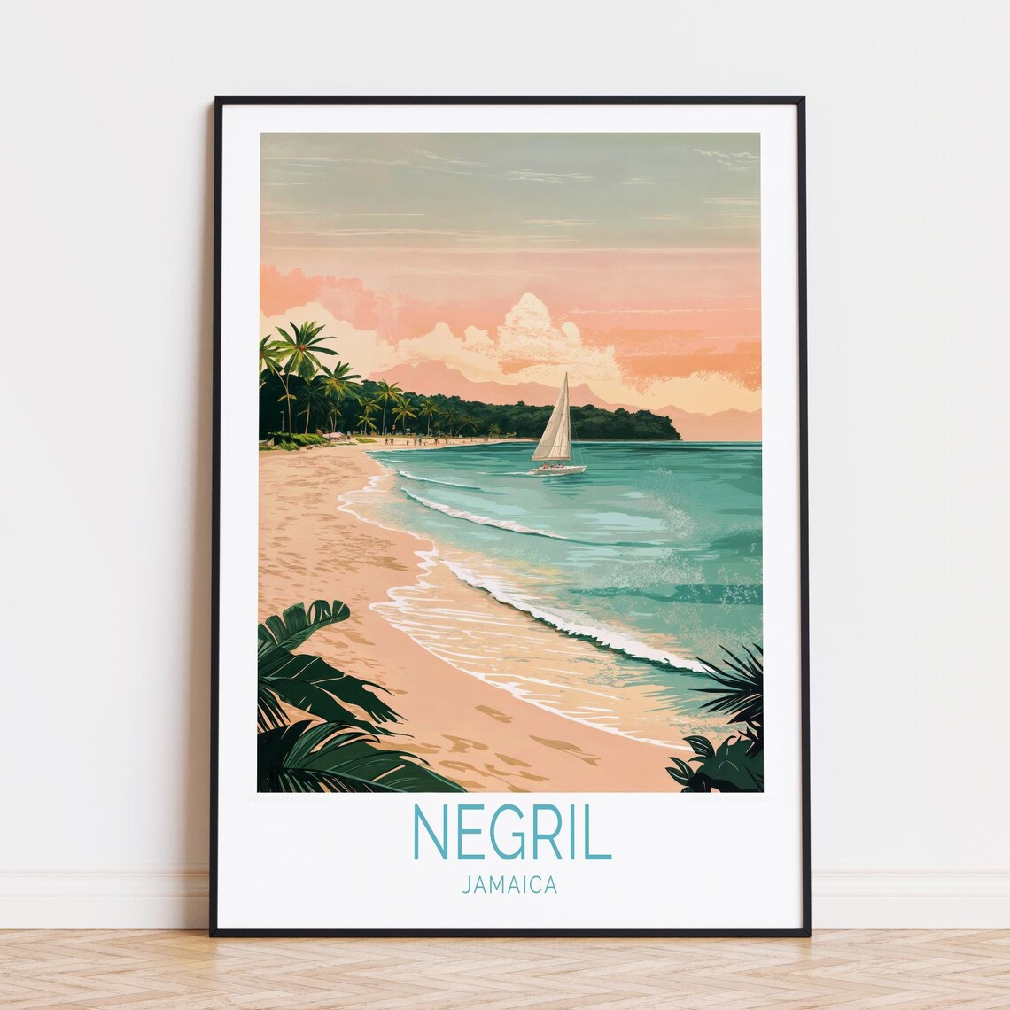 Negril Jamaica Sunset Beach Sailboat Tropical Shore Travel Poster
