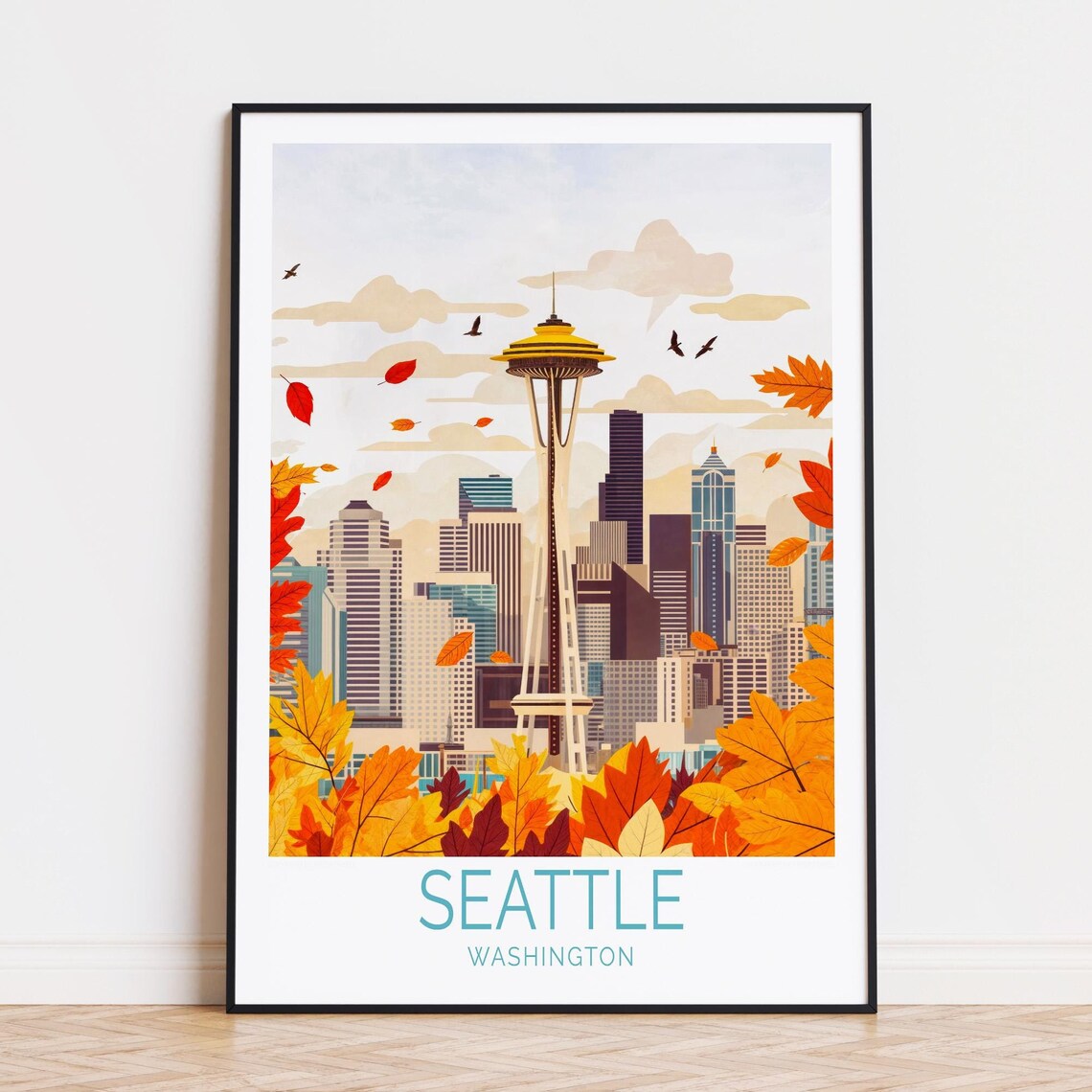 Seattle Washington Autumn Space Needle Skyline Falling Leaves Poster