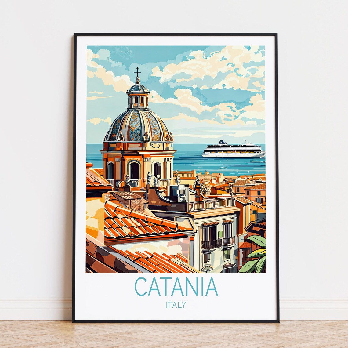 Catania Italy Church Dome Old Town Sea View Retro Travel Poster