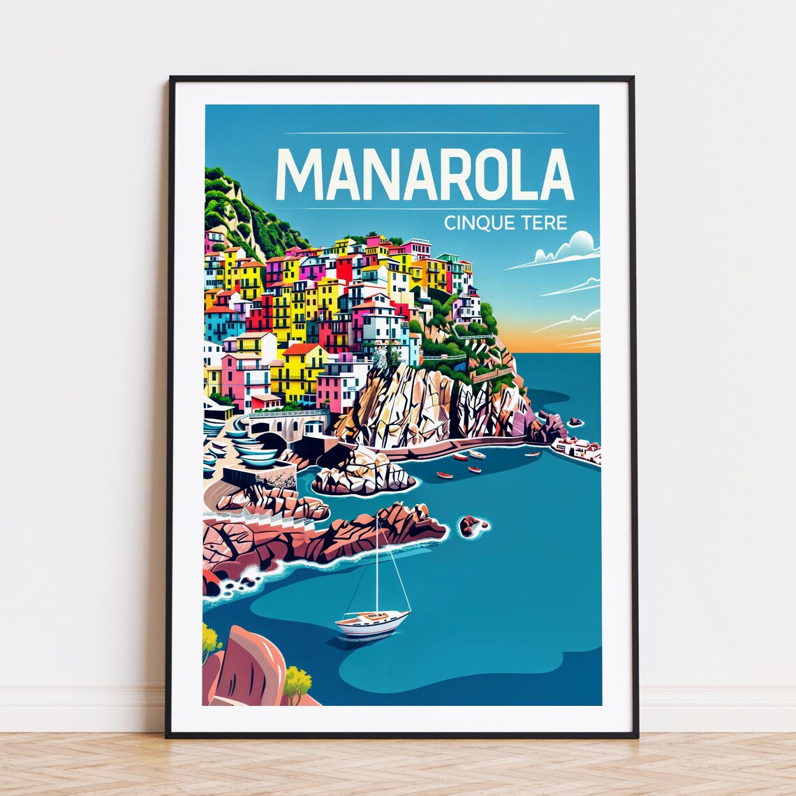 Manarola Cinque Terre Sunset Cliff Village Sailboat Vintage Poster