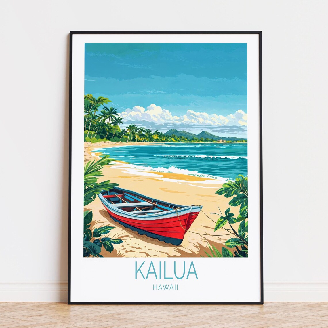 Kailua Hawaii Red Rowboat Golden Sand Beach Palm Shore Scene Poster