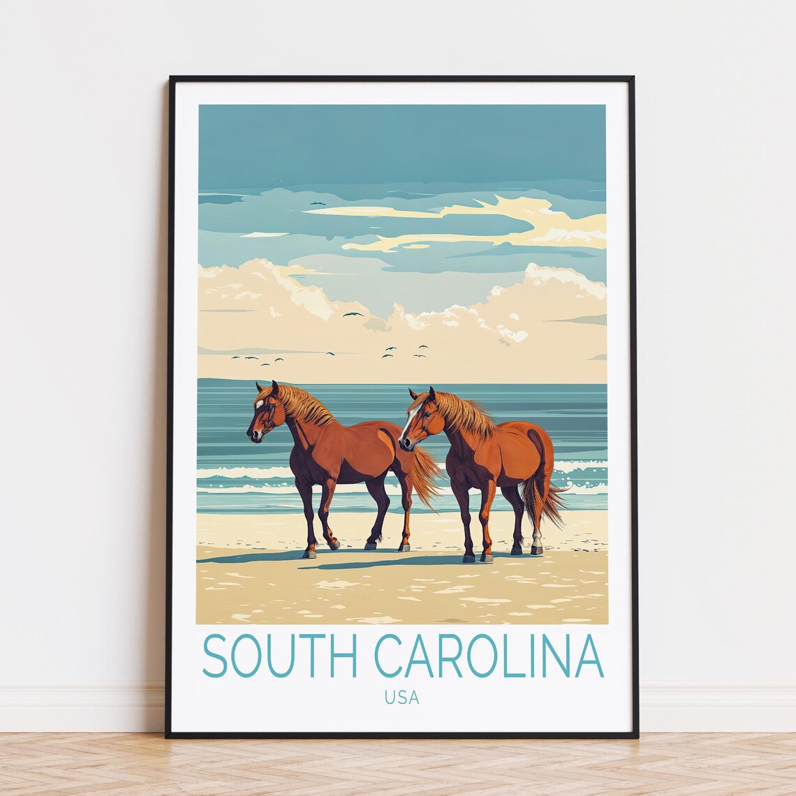 South Carolina Beach Wild Horses Ocean Vintage Travel Poster