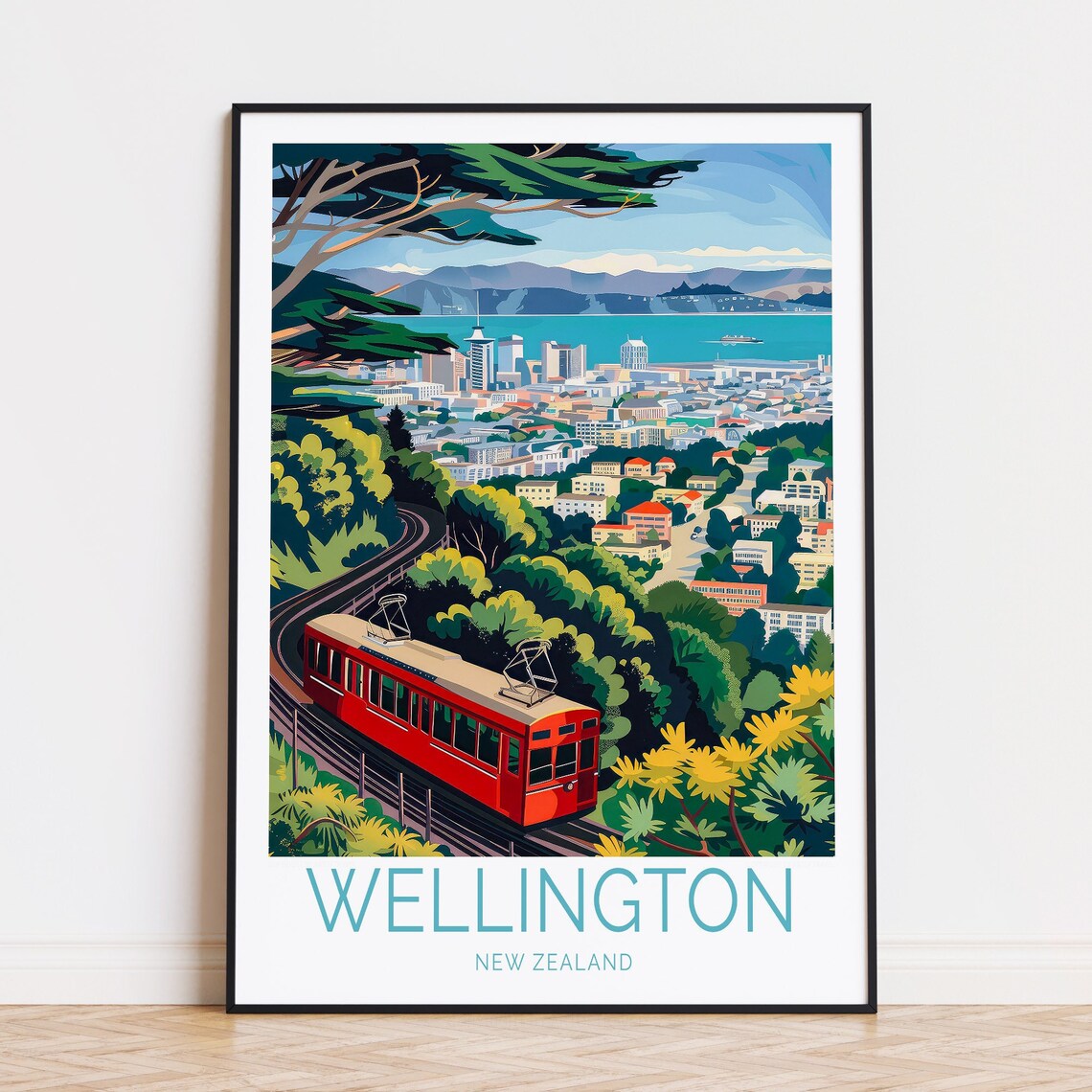 Wellington New Zealand Red Cable Car City Harbor Travel Poster