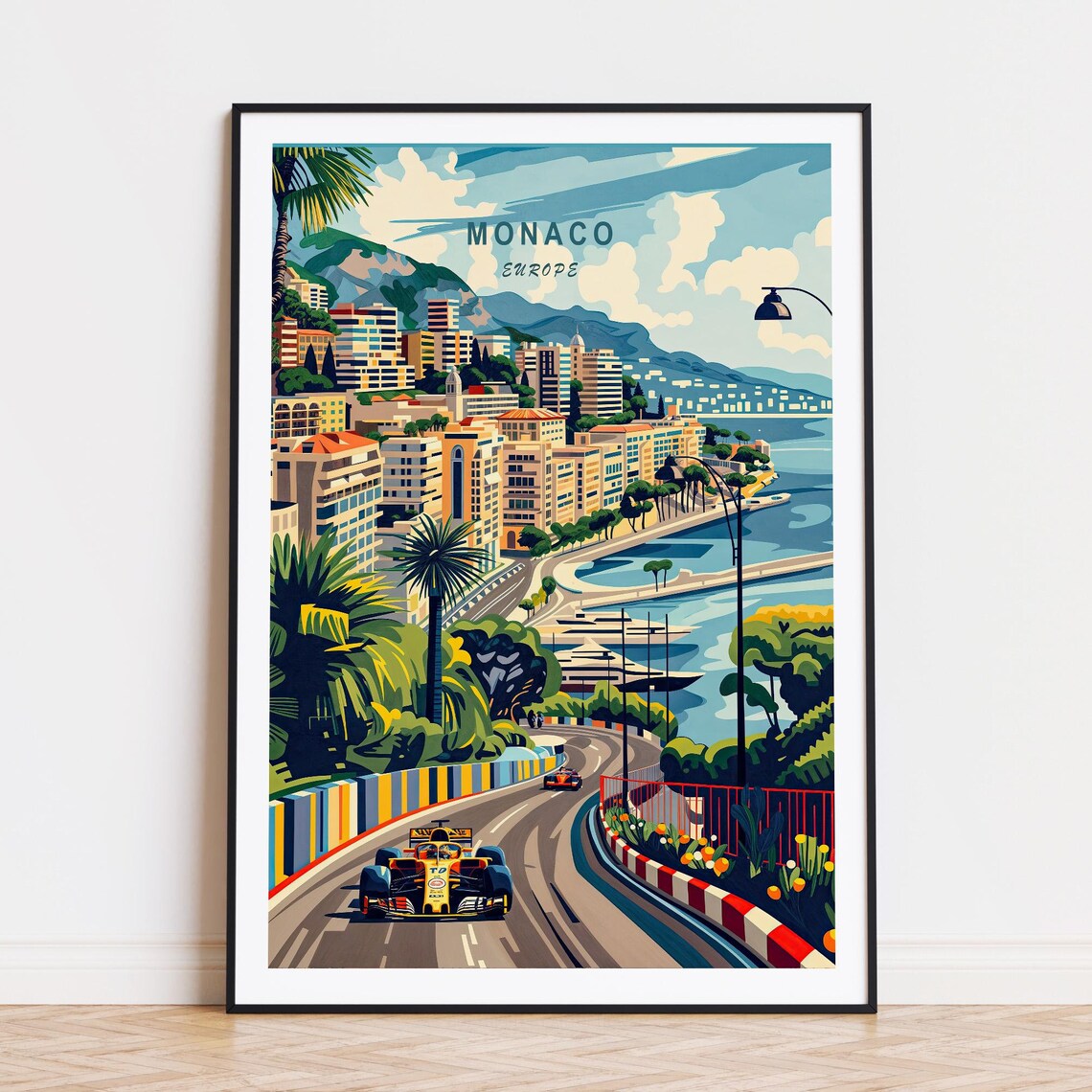 Monaco Grand Prix Race Cars on Retro Harbor Street Circuit Poster