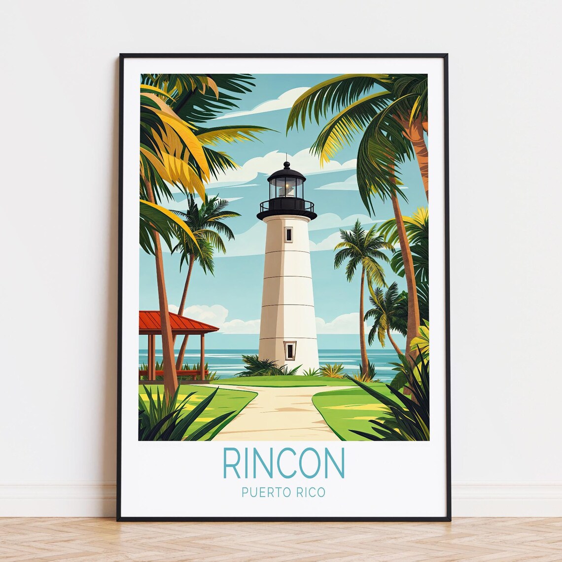 Rincon Puerto Rico Lighthouse Palm Beach Tropical Coast Travel Poster