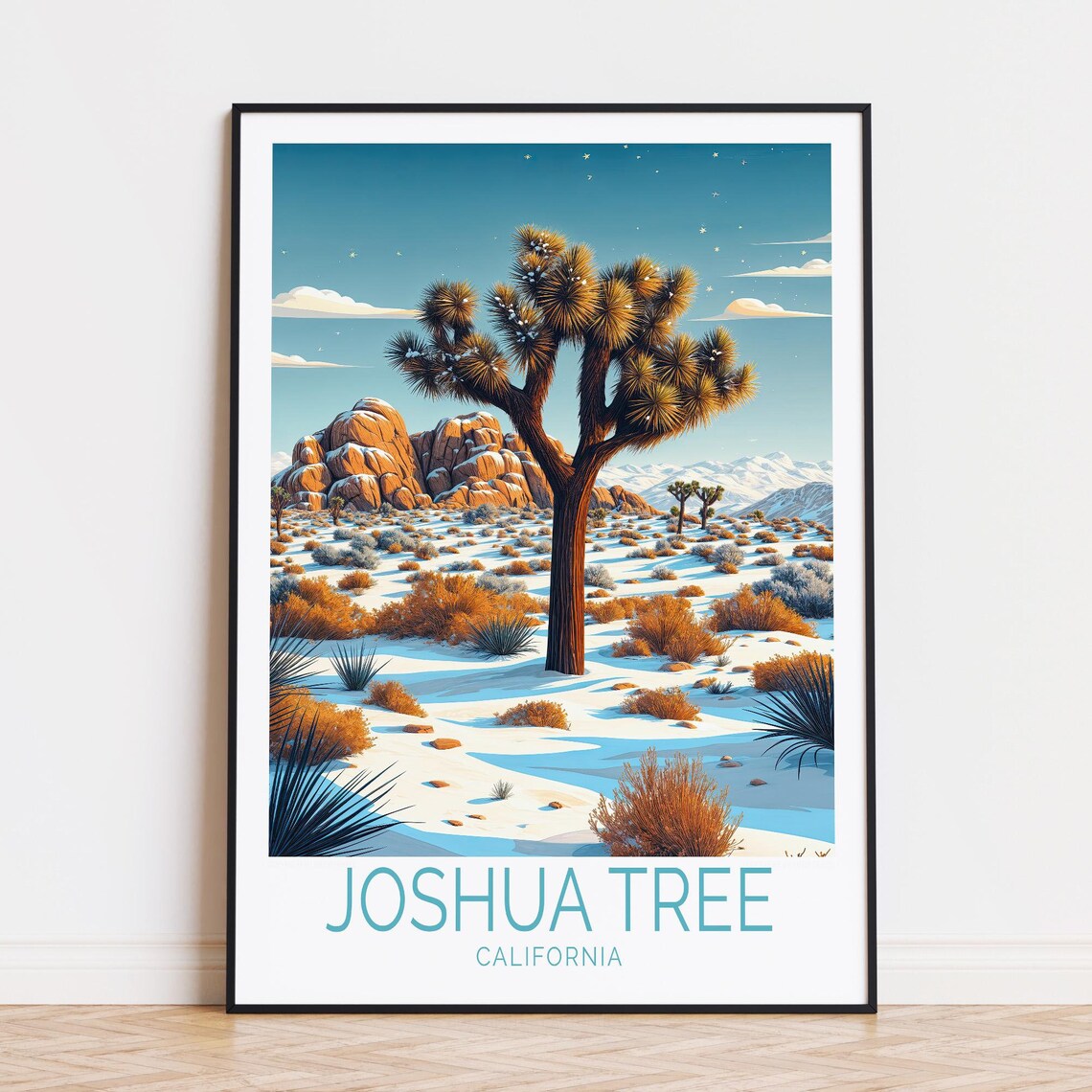 Joshua Tree Snowy Desert Winter Landscape Caption Below Poster
