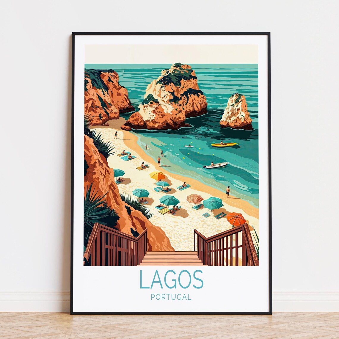 Lagos Portugal Algarve Beach Cliffs Kayaks Summer Travel Poster
