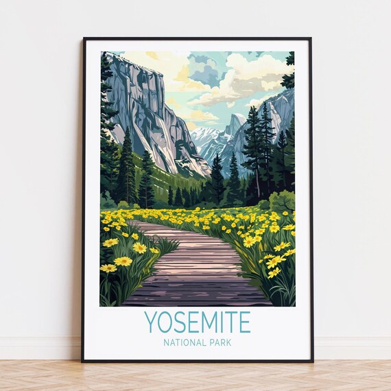 Yosemite National Park Waterfall Wildflower Meadow Boardwalk Travel Poster