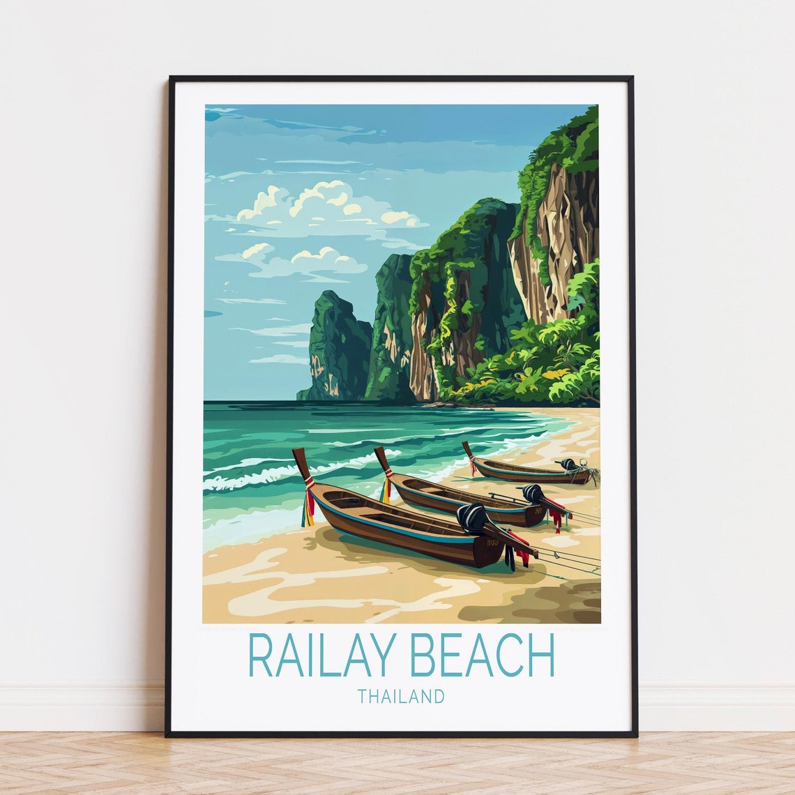 Railay Beach Thailand Longtail Boats Limestone Cliffs Shore Poster