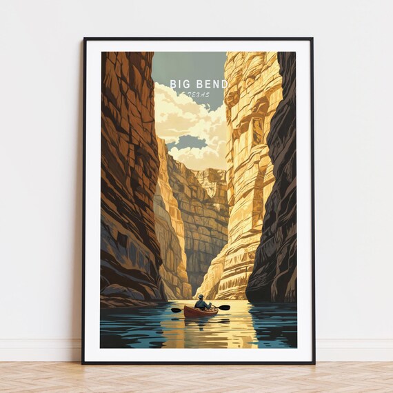 Big Bend Texas Kayaker Canyon Golden Cliffs River Travel Poster
